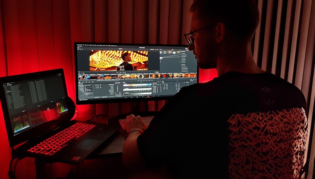Video editing timeline with transition effects on a screen