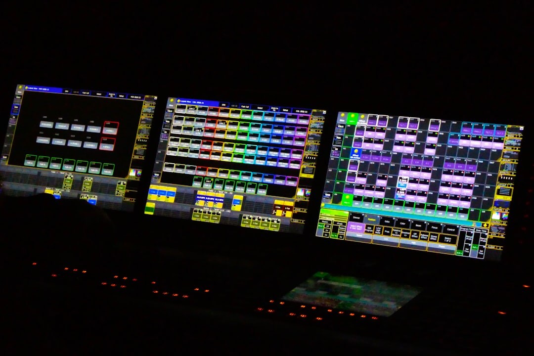 Live video broadcast control room with multiple monitors